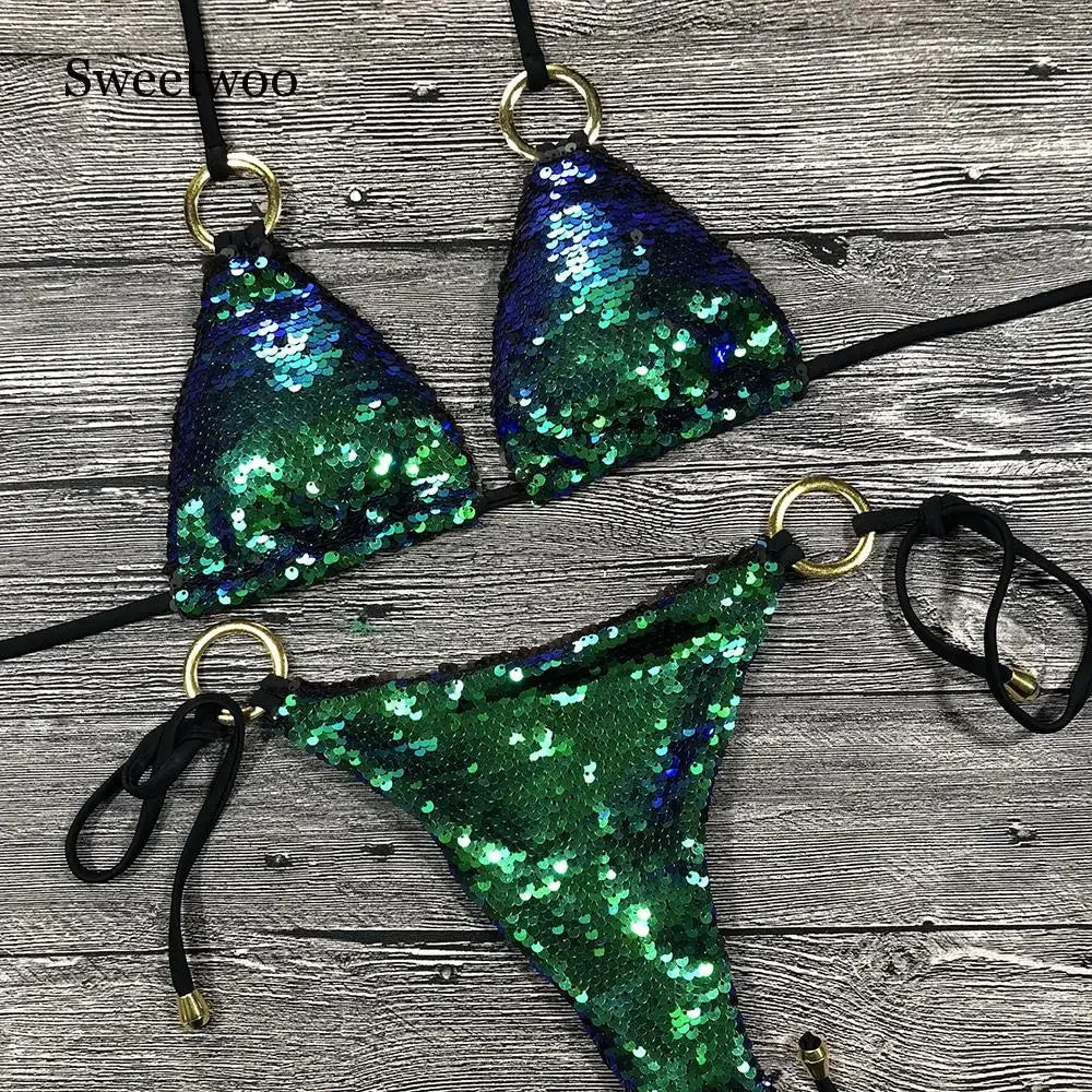 Sequin Bikini Set With Halter Neck — Emerald | KIMLUD