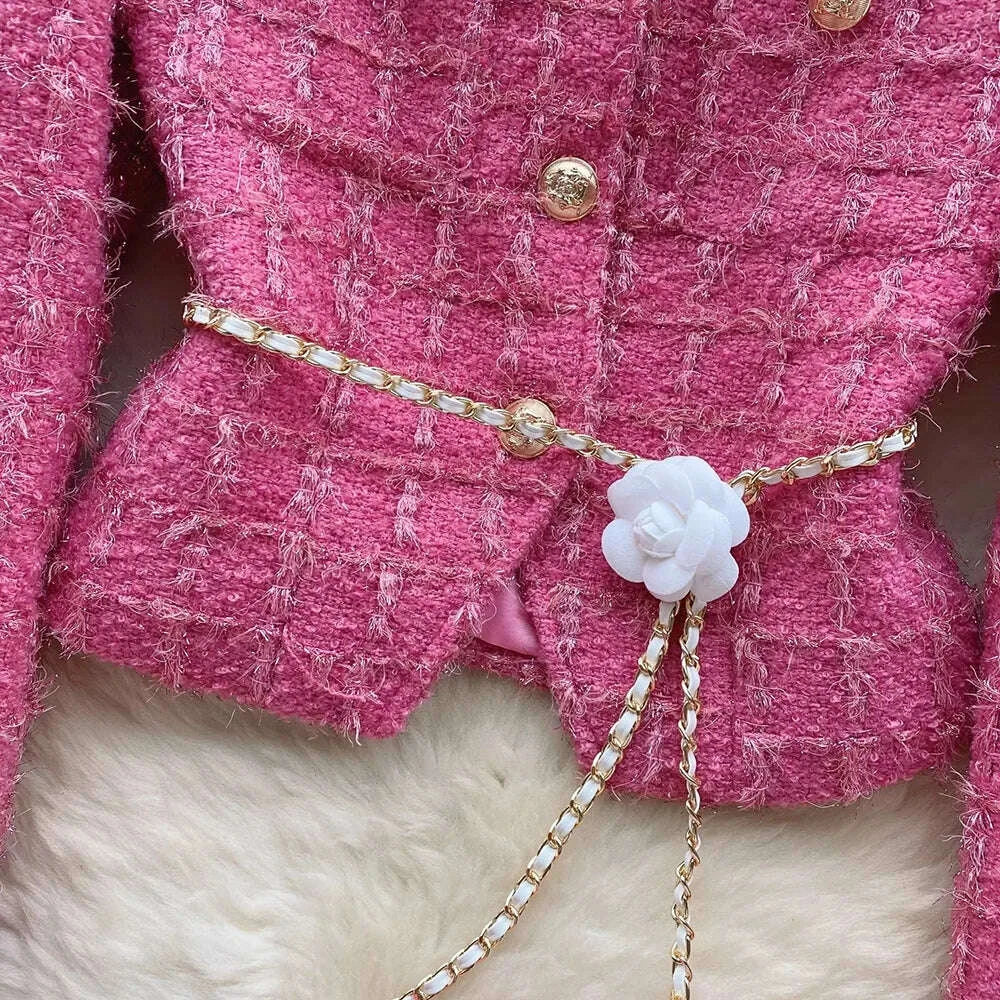 KIMLUD, Modphy Autumn Fashion Rose Red Woolen Two Piece Set Women Golden Button Chain Belt Tweed Short Jacket Coat+Split Midi Skirt Suit, KIMLUD Womens Clothes