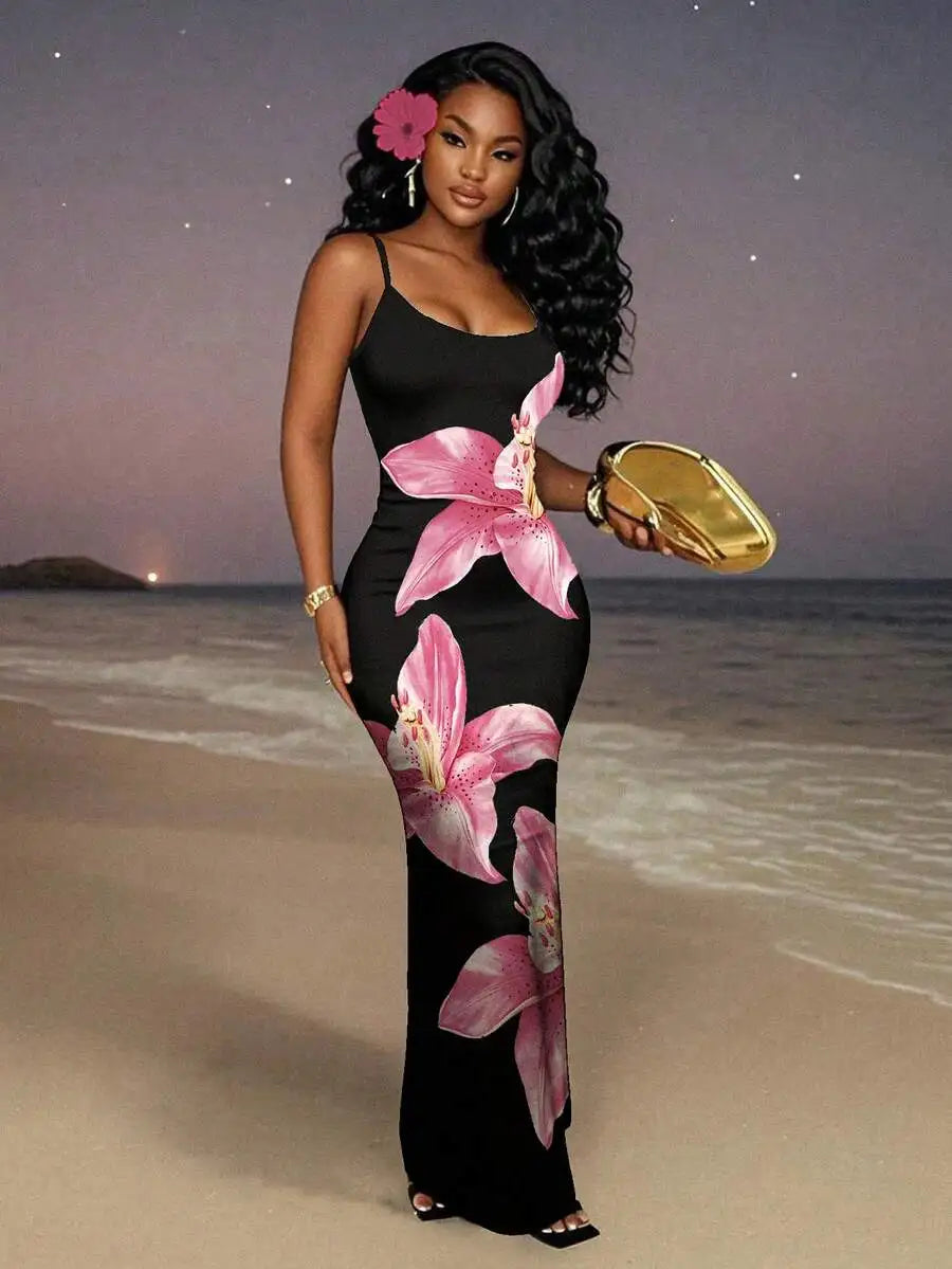 Dress - Floral Print Waist Cinched Ankle Length - Polyester | KIMLUD
