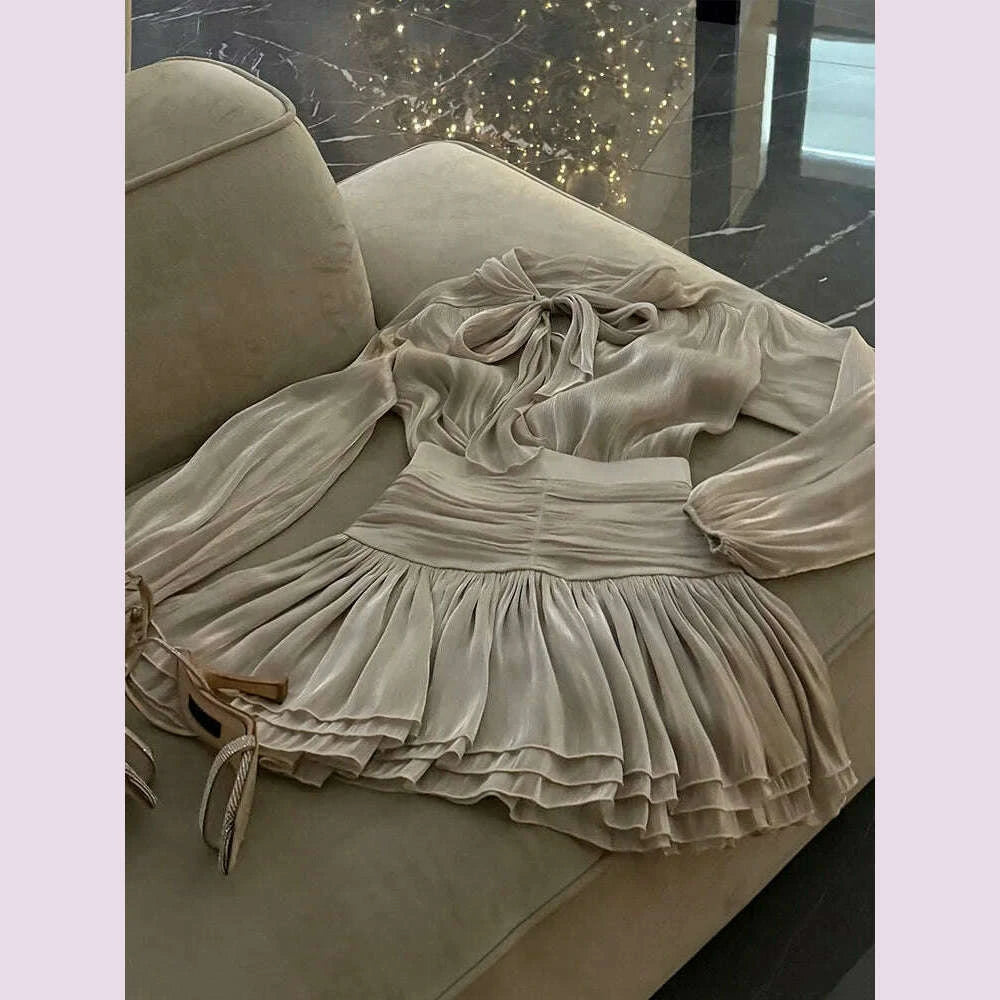 bow-lace-up-top-pleated-short-skirt-two-piece-sets-casual-fashion-shirt-glitter-blouse-high-waist-half-skirts-womens-clothing-kimlud-kimlud-33916416