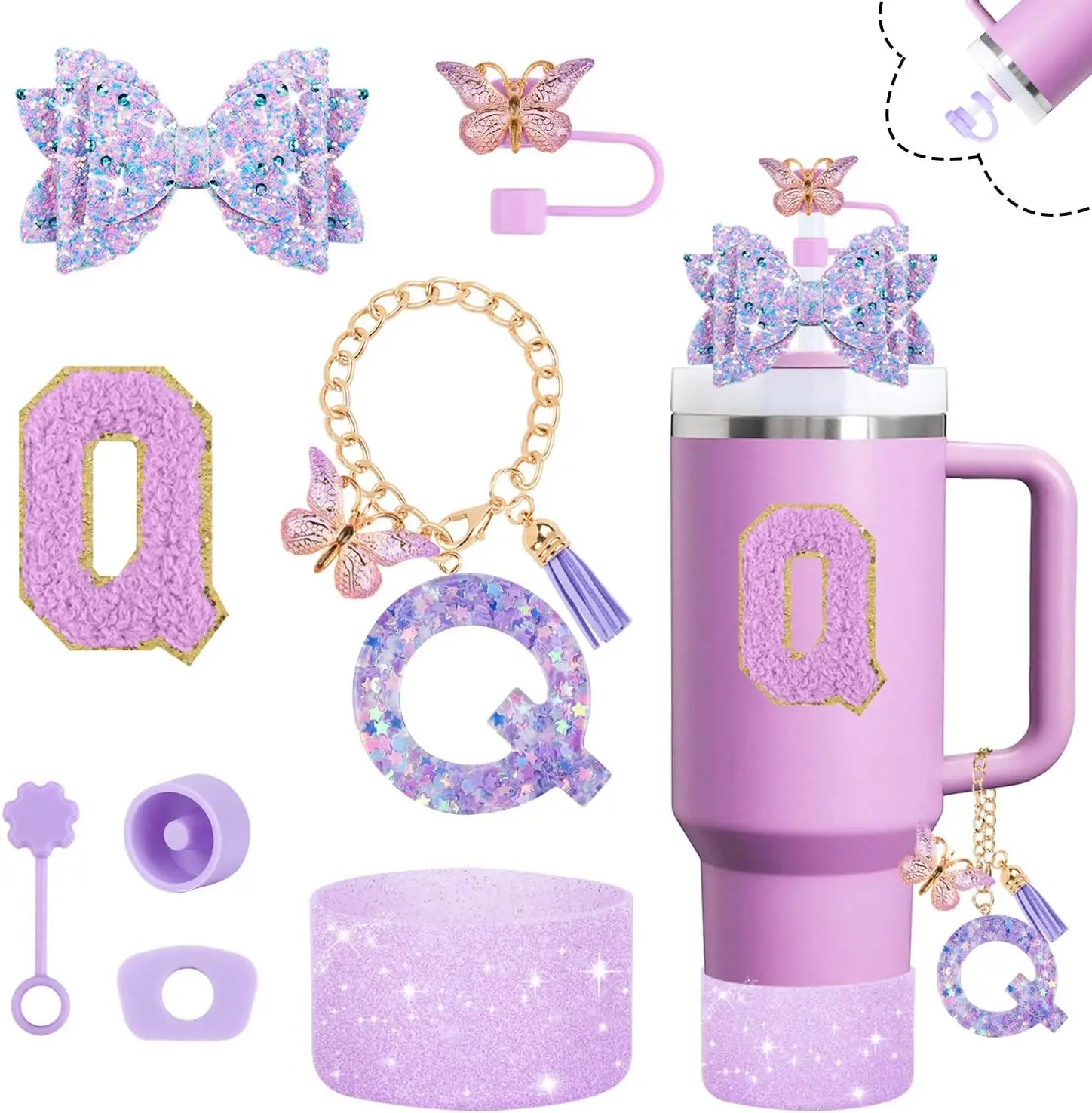 8pcs Cup Accessories Set for Stanley Cup 30oz 40oz tumbler Straw Topper Cover, Boot, Spill Proof Stoppers, Handle Charms Sticker