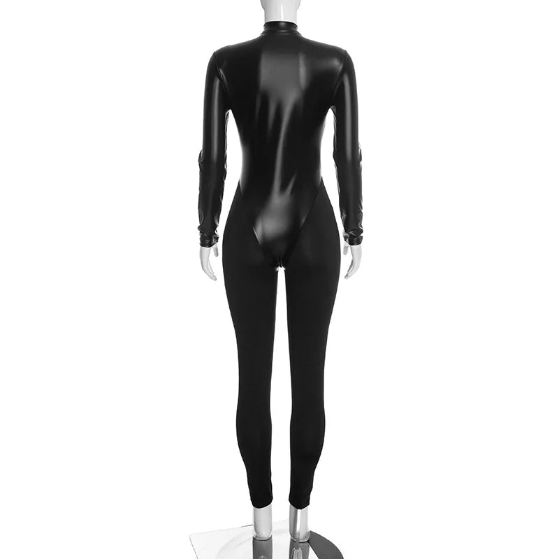 Jumpsuits – PU Leather Patchwork – Skinny – Black | KIMLUD