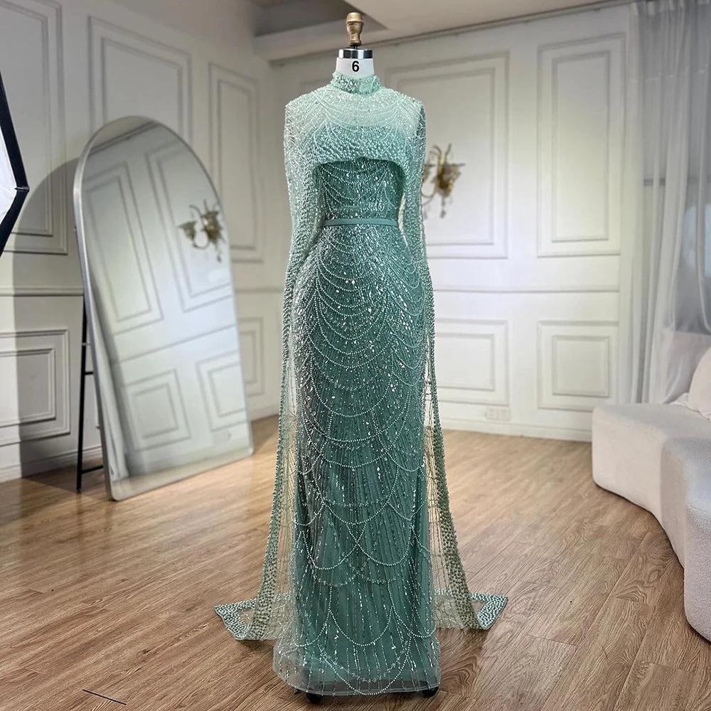 Beaded Gown With Mermaid Cape — Dubai Nude | KIMLUD
