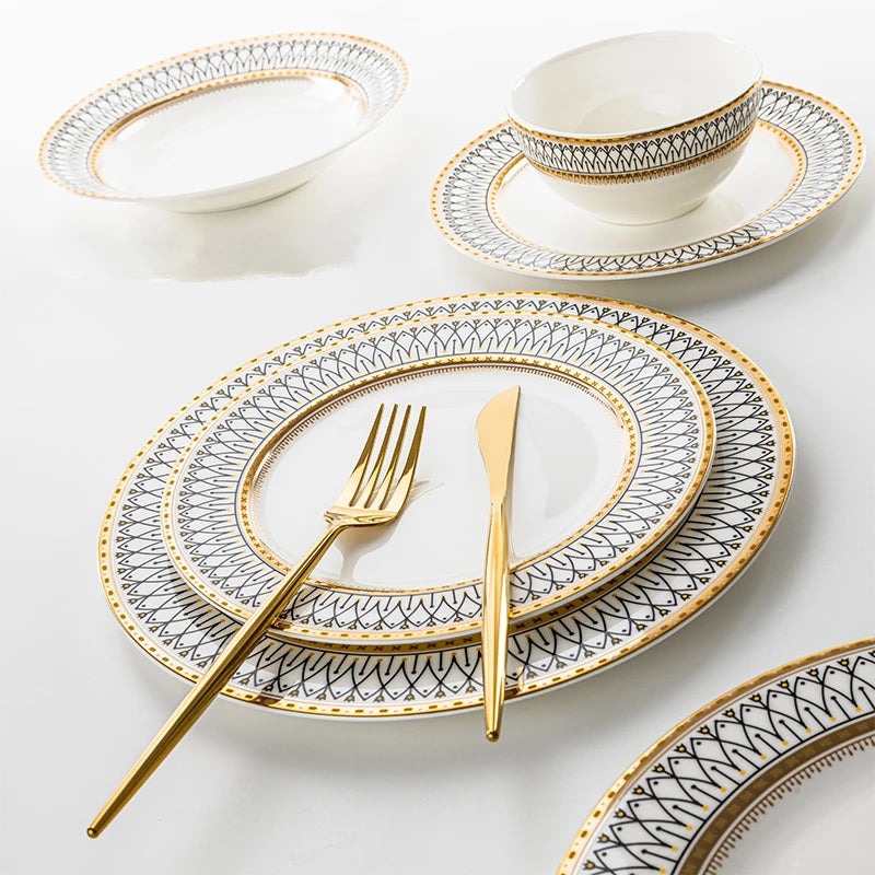 Nordic Bone China Dinner Plates Set Rimmed In Gold — White | KIMLUD