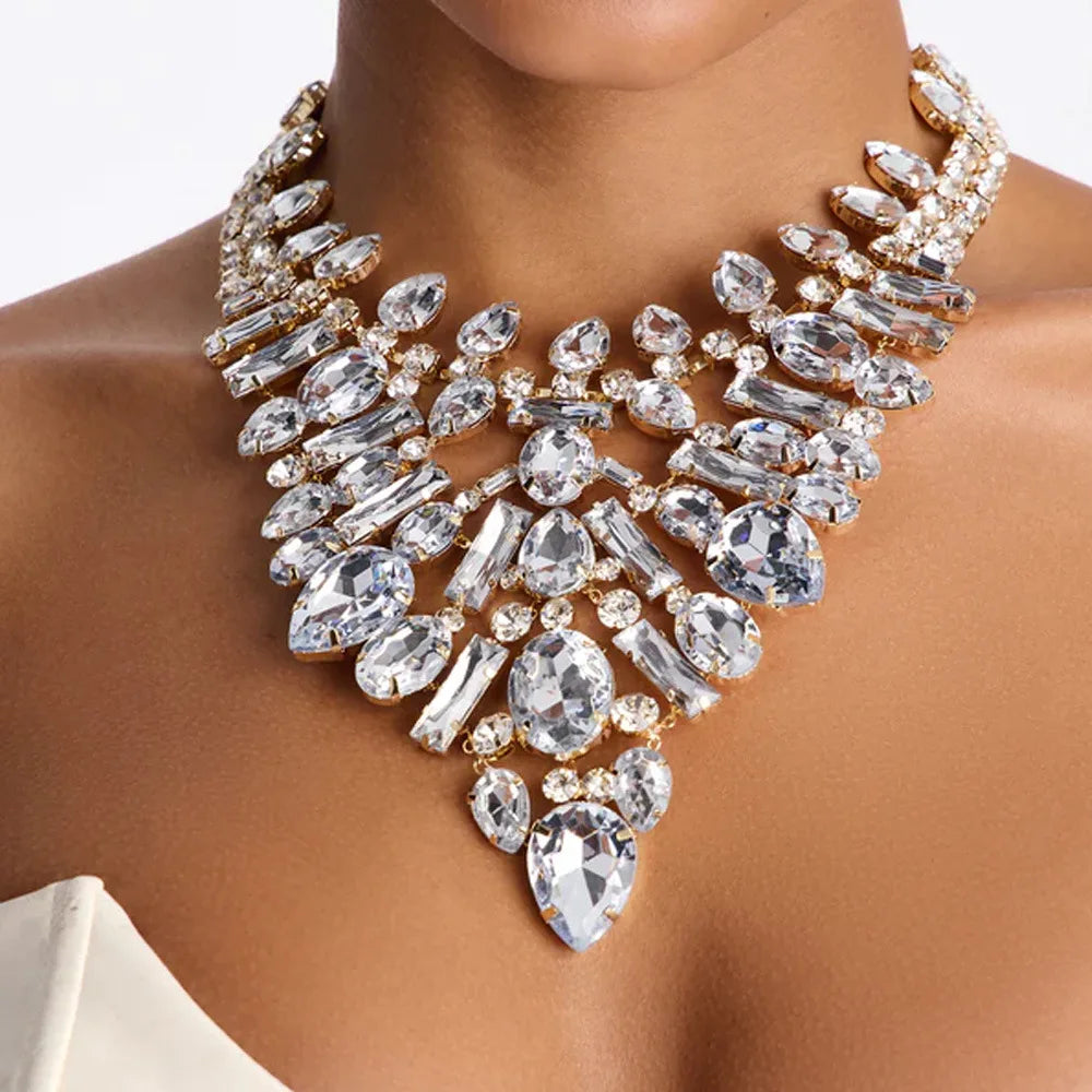 Crystal Bib Necklace Clear Rhinestone Teardrop Statement Choker Adjustable Bridal Jewelry for Women Wedding Prom Evening Party