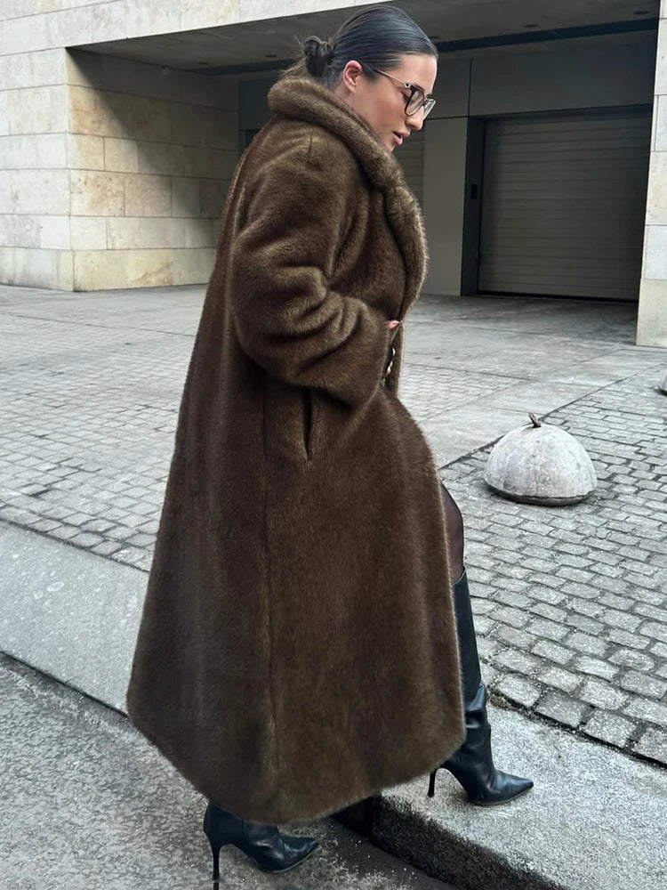 Long Coat – Open Front – Faux Fur – Thick Plush Warmth | KIMLUD