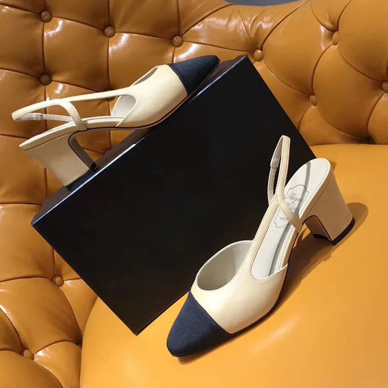 2025 women's mid-heeled shoes square toe color matching thick heel high heels