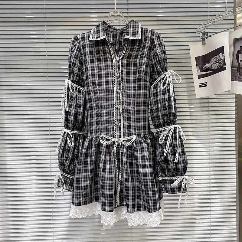 Shirt Dress – Plaid Bow Tie Long Sleeve – Polyester | KIMLUD