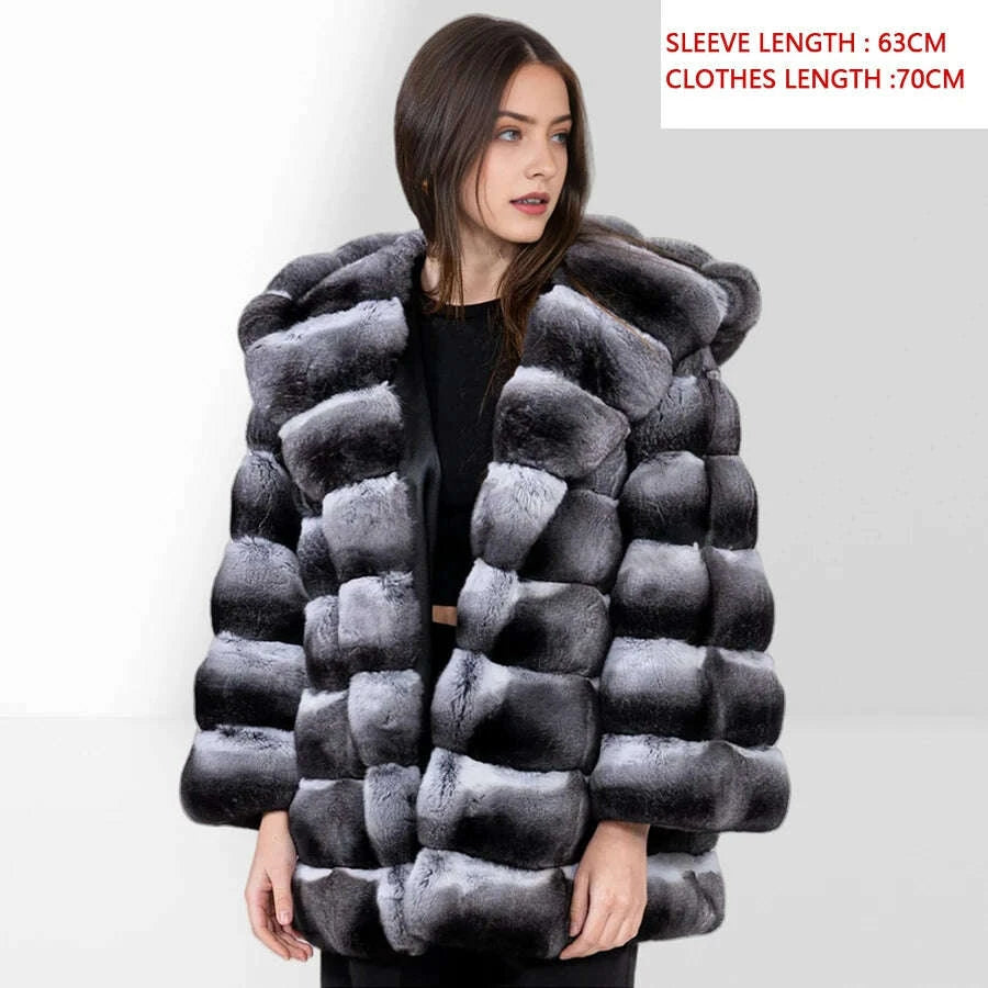 KIMLUD, Women's Winter Jacket Real Rex Rabbit Fur Jacket With Hood Chinchilla Color Fur Coat High Quality Genuine Leather Jackets, KIMLUD Womens Clothes