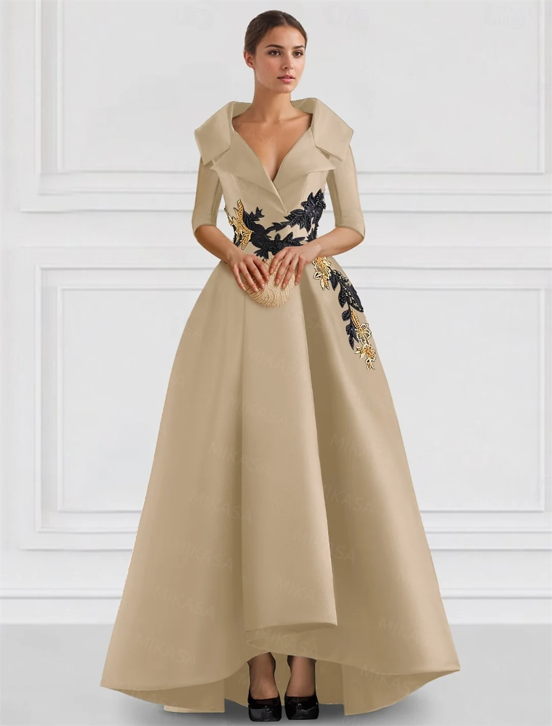 Elegant Vintage Evening Dresses Women V-neck Three Quarter Sleeves A-line Party Gowns With Appliques & Pockets Irregular Ruffles