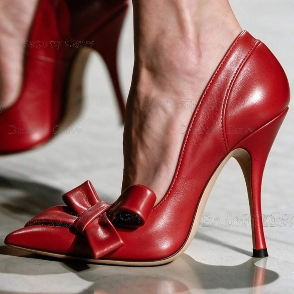 Pointed Toe Pumps – Red Bow Knot – Pointed Toe Silhouette – Red | KIMLUD