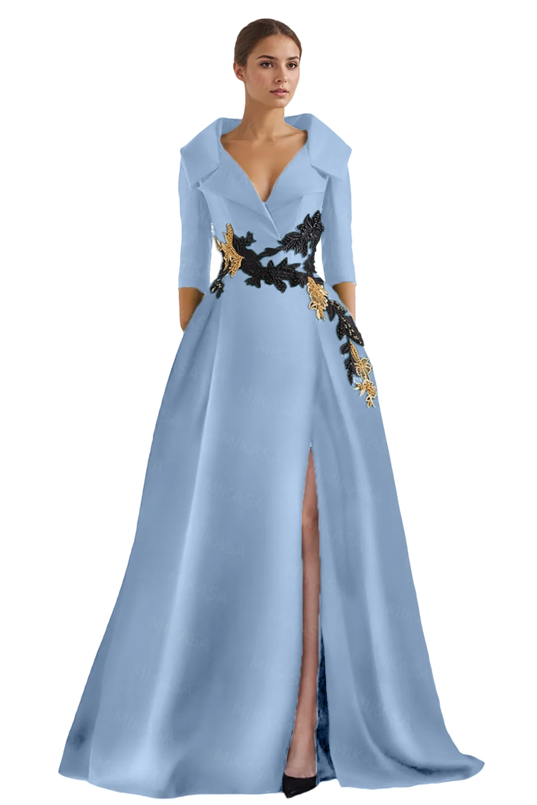 KIMLUD, Classic Satin Evening Dresses For Women Wedding Party Guest V-neck Three Quarter A-line Side Slit Elegant Prom vestidos de gala, KIMLUD Womens Clothes
