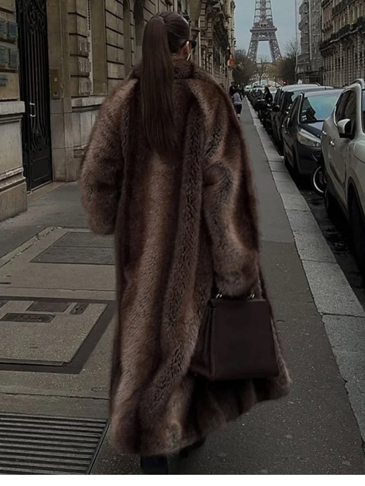 KIMLUD, Women Brown Faux Fur Coat Shawl Collar Solid Full Loose Outerwears 2025 New Winter Fashion Street Commute Evening Event Lady Top, KIMLUD Womens Clothes