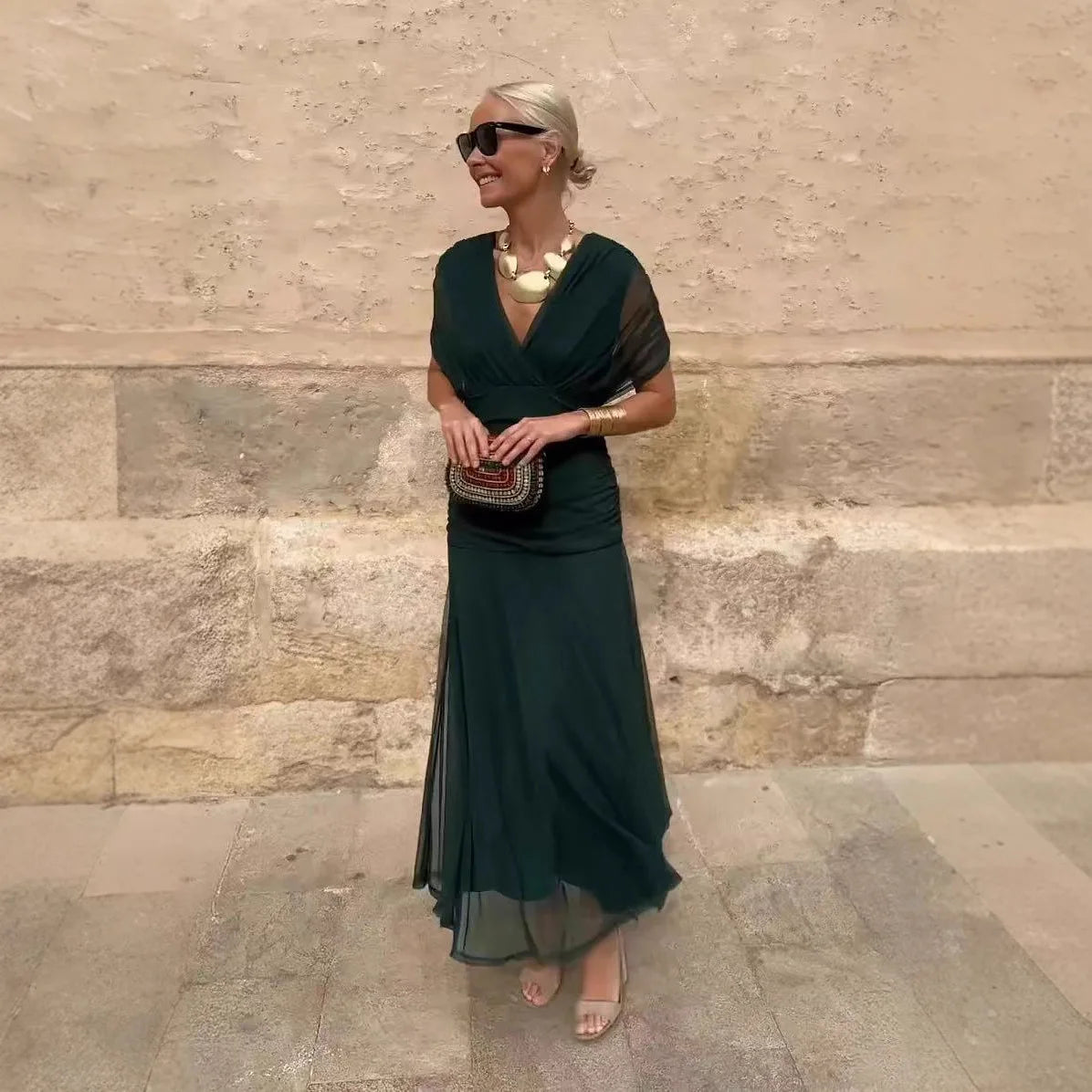 2025 New Fashion Printed Ruffle Dress Your Summer Casual Loose Bohemian Vacation V-neck Short-sleeved Long Dresses For Women