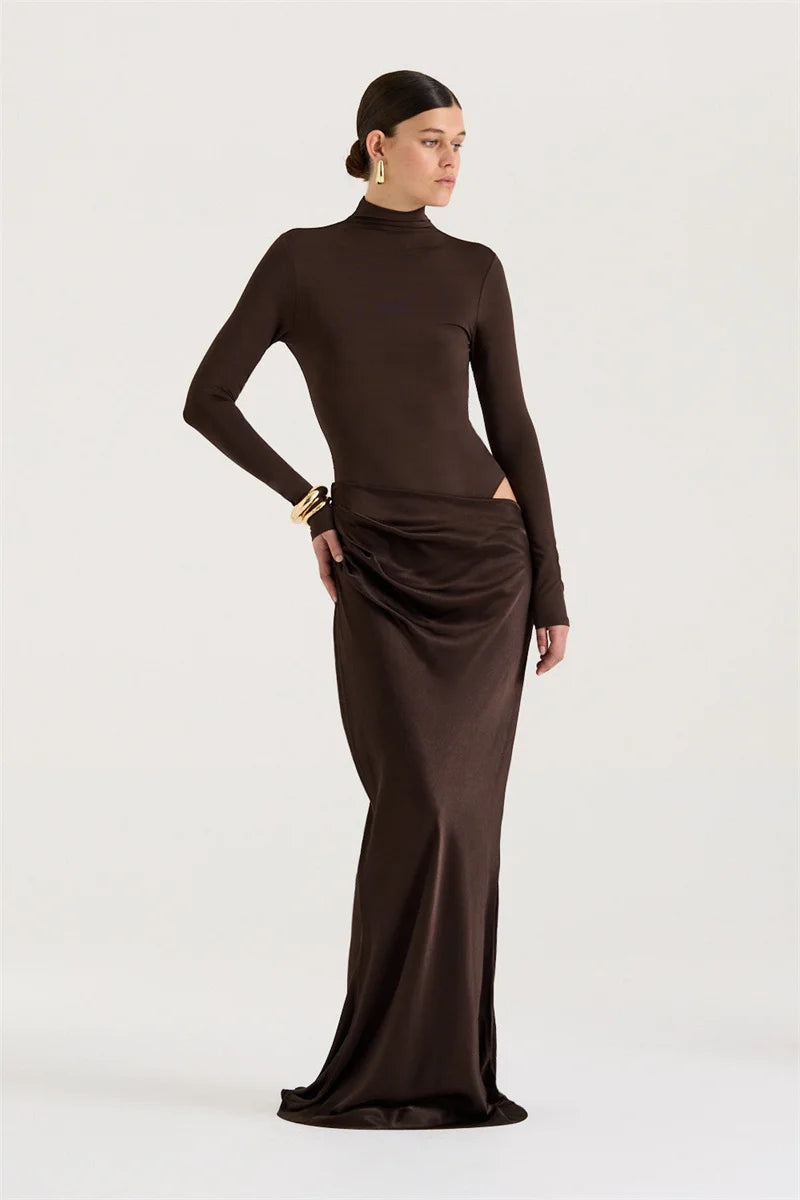 Mozision Autumn Long Sleeve Sexy Maxi Dress Women Fashion Hollow Out Turtleneck Ruched Bodycon Club Party Long Dresses Female