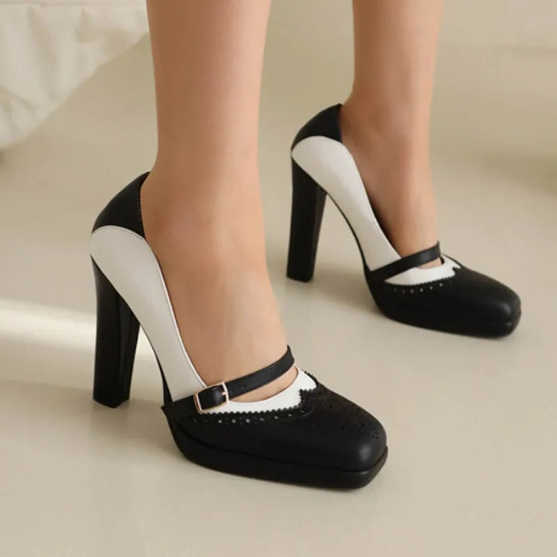 Square Toe Heels With Buckle Strap — Color Matching | KIMLUD