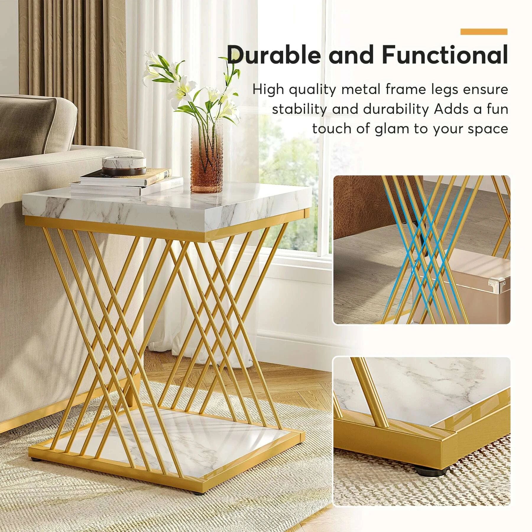 KIMLUD, Tribesigns Square Side Table White Gold Side Table Set of 2, 2-Tier End Table Modern Bedside Table Small Side Table, KIMLUD Womens Clothes