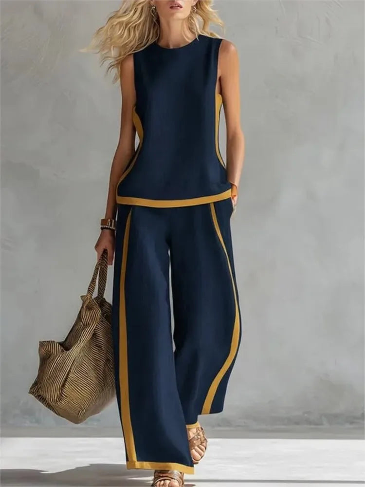 Two Piece Set – Striped Splicing – Synthetic Fiber | KIMLUD