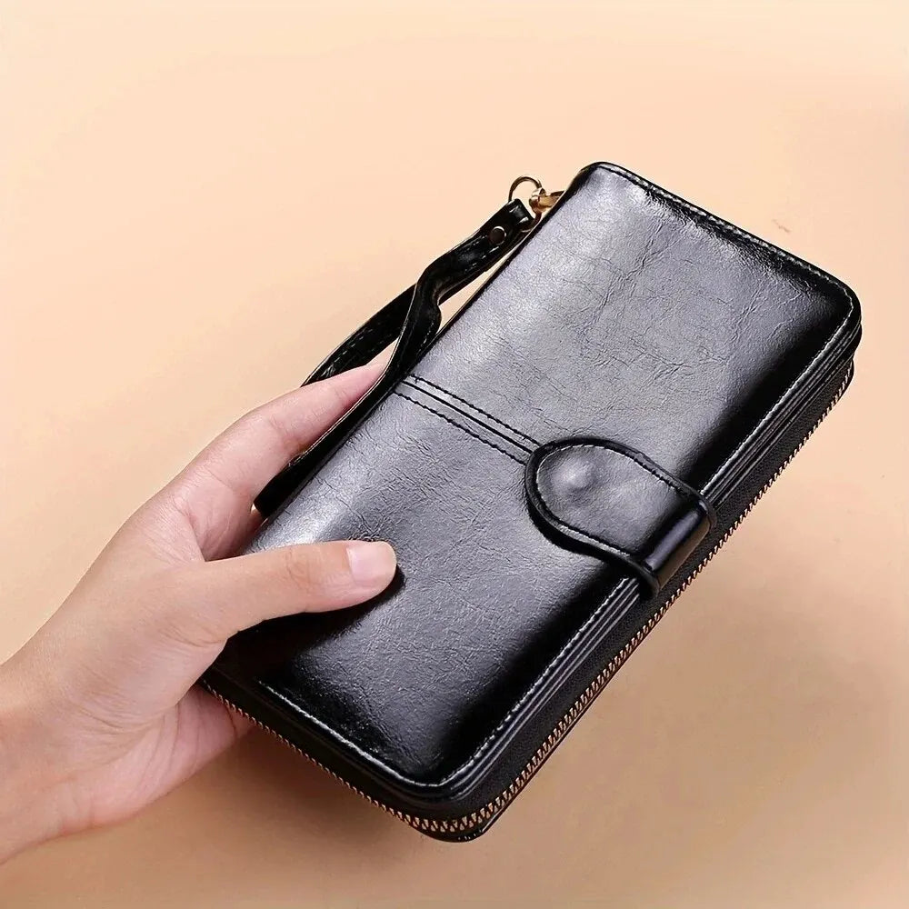 Oil-Wax PU Leather Clutch Wallet Large Capacity Phone Purse — Burgundy | KIMLUD