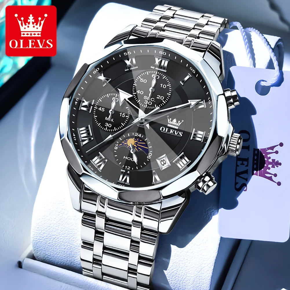 OLEVS 3675 Mens Watch Original Business Brand Quartz Watch Multifunctional Chronograph Waterproof Moon Phase Watch For Man New