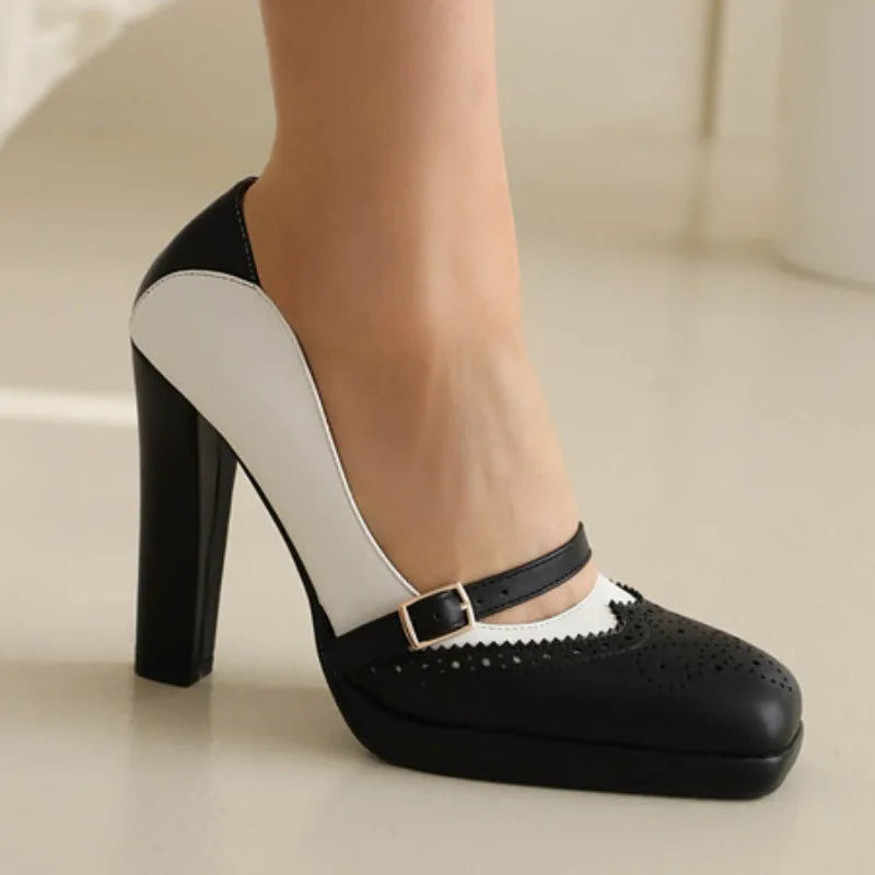Square Toe Heels With Buckle Strap — Color Matching | KIMLUD