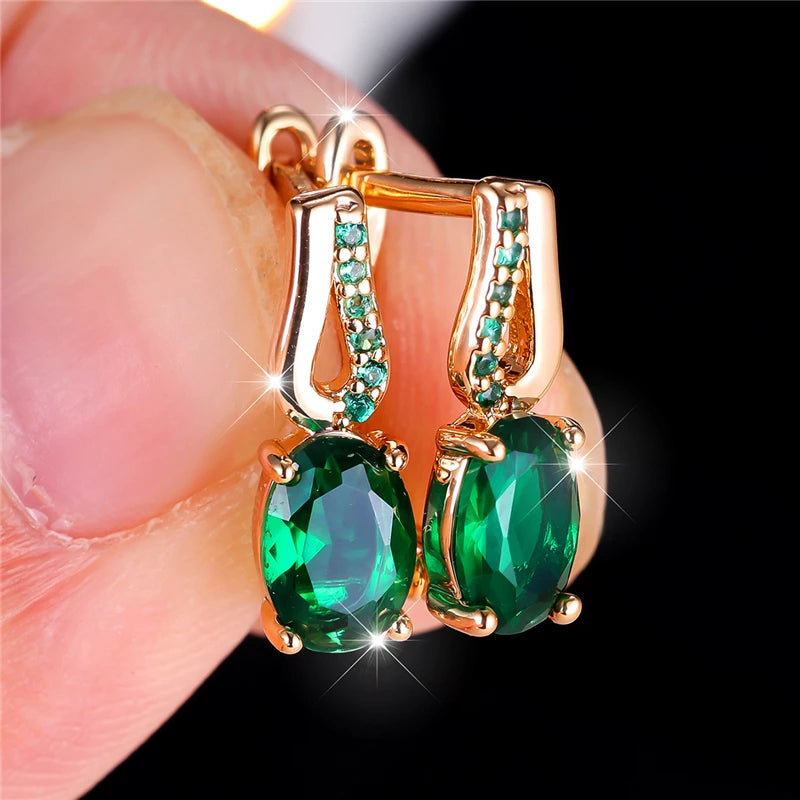Zircon Stone Oval Hoop Earrings Small Ear Buckle — Green | KIMLUD