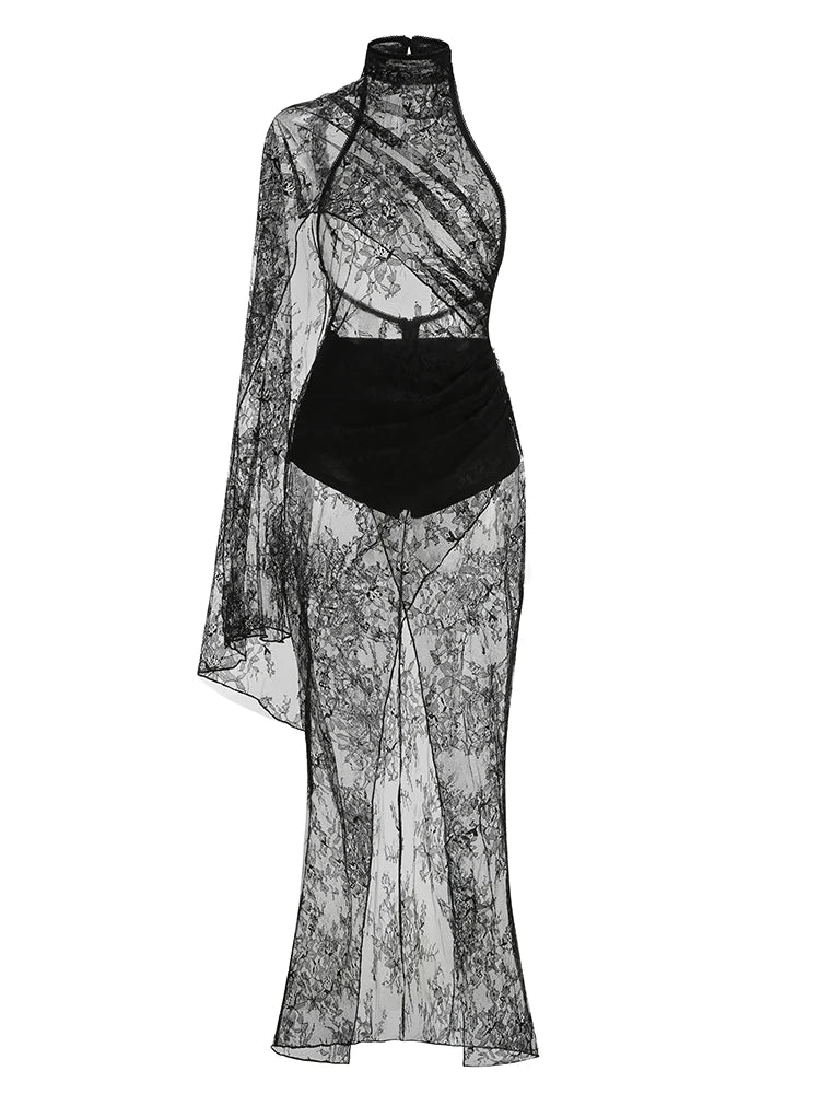 Dresses – Backless High Neck Lace See-Through – Slim Silhouette – Black | KIMLUD