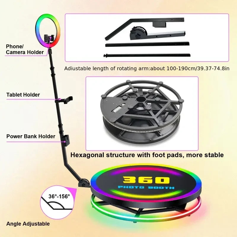 Rotating Solid Metal 360 Photo Booth Machine With LED Halo And Remote Control — Black | KIMLUD