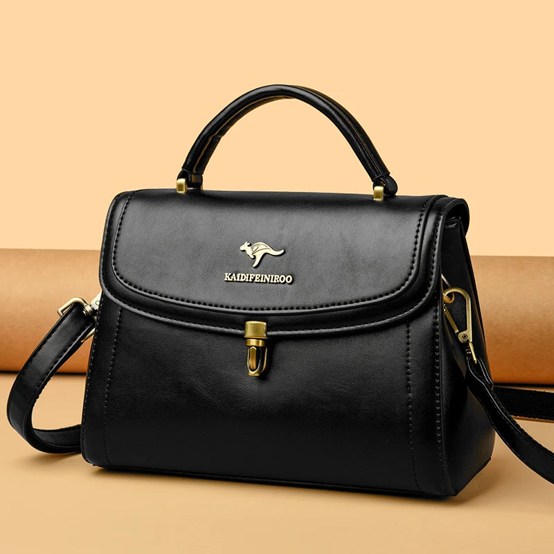 Leather Structured Shoulder Crossbody Bag — Black | KIMLUD