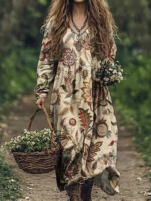 Boho Vintage Print Long Dresses For Women 2025 Casual V Neck Full Sleeve Splice High Waist Loose Dress Autumn Fashion Vestidos