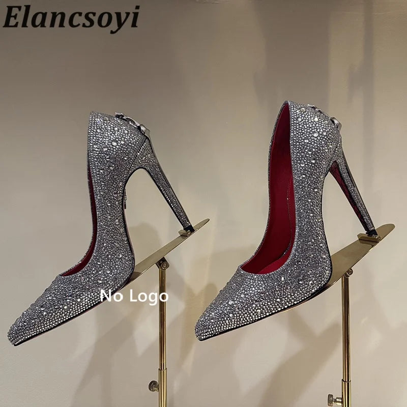 Leather Pumps With Metal High Heels Metal-Embellished Shaft Sculpted Pointed Toe — Gold | KIMLUD