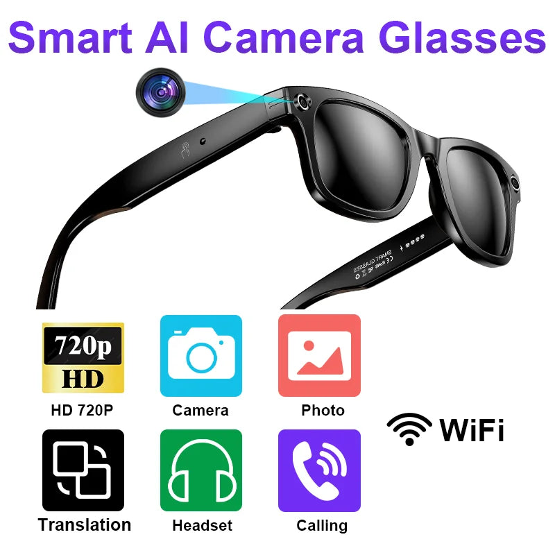 Smart Glasses Recording Videos AI Photo Recognition Answer Translation 260mAh Large Battery IP65 Waterproof Bluetooth Glasses