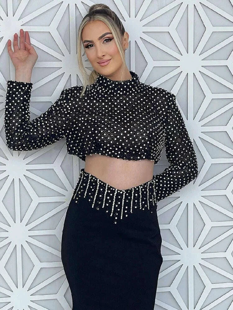 KIMLUD, VC Glam Black Long Sleeves Beaded Crop Top & Mermaid Skirt Two Pieces Dress Set for Evening Glamour Gown, KIMLUD Womens Clothes