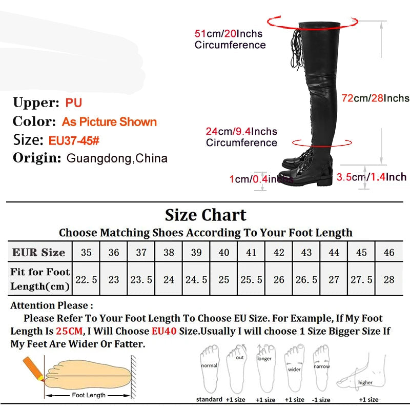 Low Heel Winter Boots Women 3.5CM Chunk Heels Nightclub Queen Lace-up Zipper Shoes Black Thigh High Boots Large Size 43 44 45