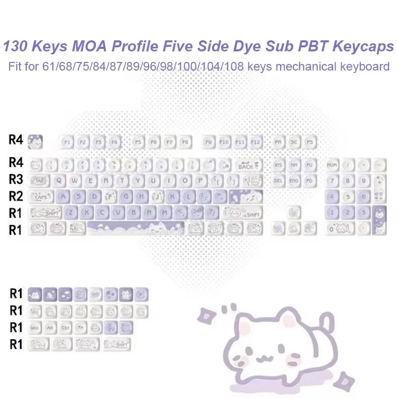 MOA Profile PBT Key caps White Milky Way Five Sided Dye Sublimation Keycaps for Cherry Gateron MX Switches Mechanical Keyboard