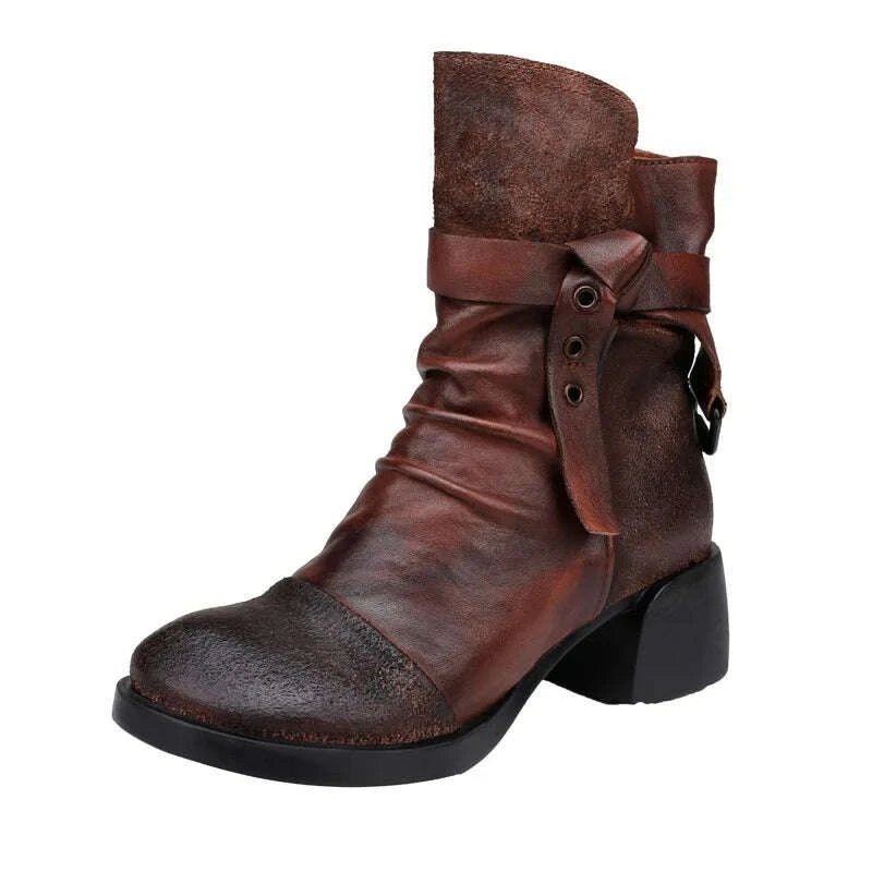 KIMLUD, Careaymade-Genuine Leather Patchwork Ankle Vintage Short Boots Zipper Women Shoes Fashion Round Head Mujer Soft Botas Femininas, KIMLUD Womens Clothes