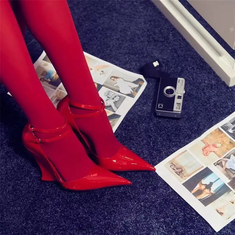 Wedge Pumps Mary Jane Buckle Strap — Red Cherry | KIMLUD