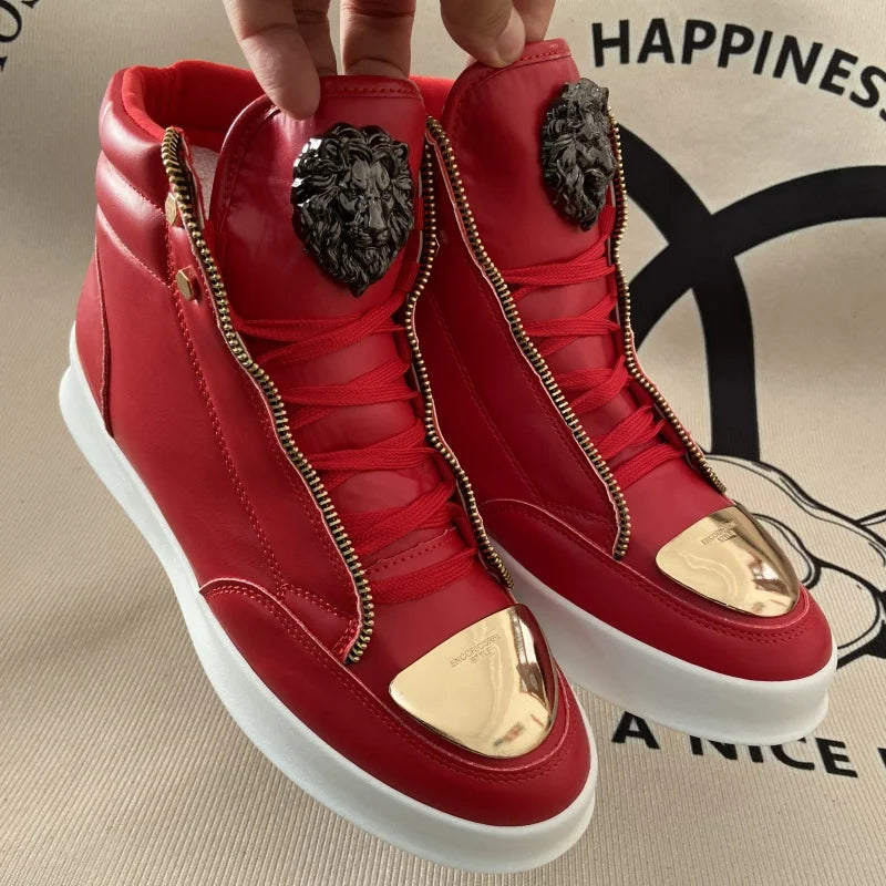 Artificial Leather High-Top Sneakers With Zip Decoration — Black | KIMLUD