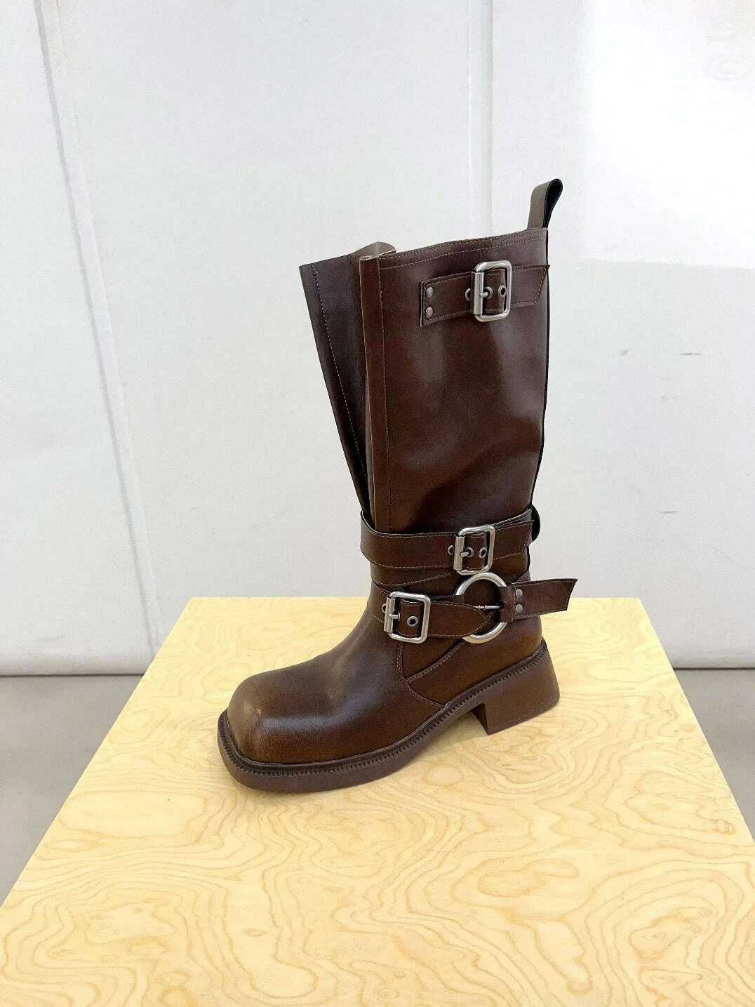 KIMLUD, Women's Boots Half High Square Toe Footwear Brown Biker Shoes For Woman Mid Calf Middle Heel Comfortable And Low Price Pu Goth, KIMLUD Womens Clothes