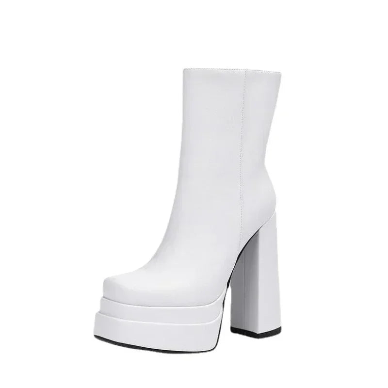 Winter Chunky High Heels Ankle Shoes for Women Punk Style Zipper Thick Platform Elasticity Microfiber Boots Botines Mujer 204