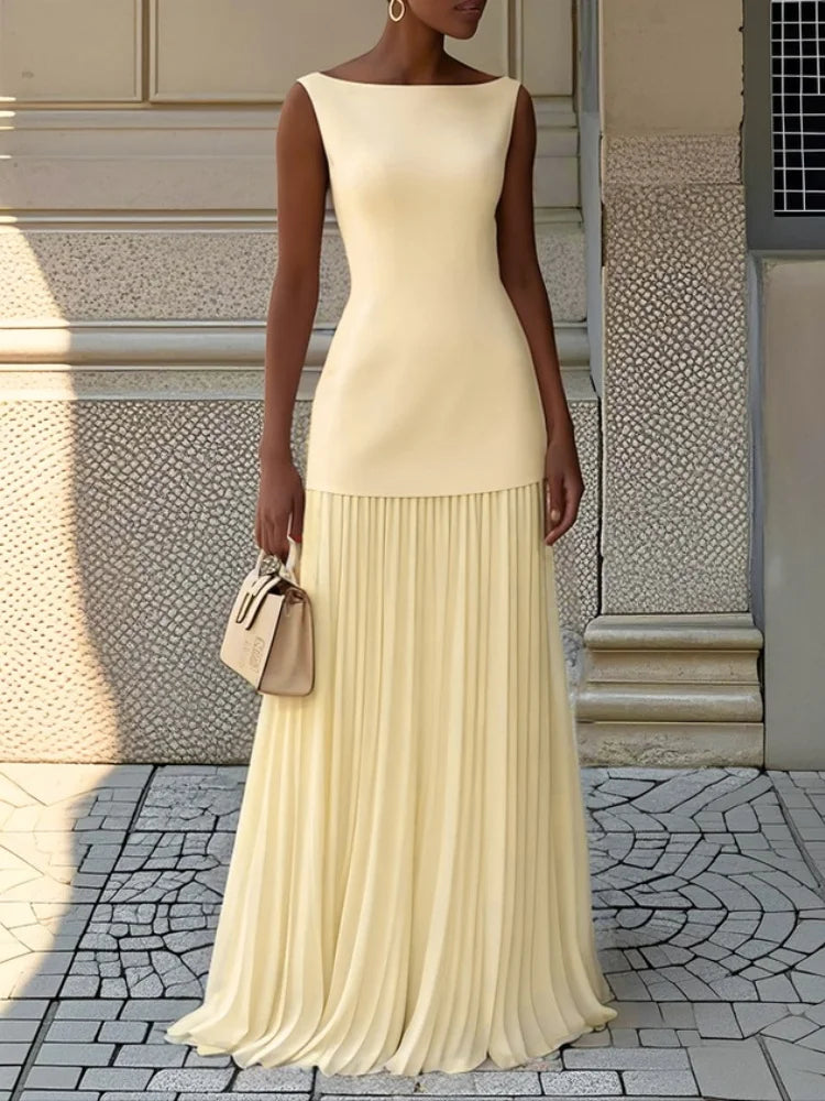 Women Elegant Solid Splice Pleated Skirts Set Sexy Slash Neck Sleeveless Tank Boho Dress Summer Hollow Slim Maxi Skirts