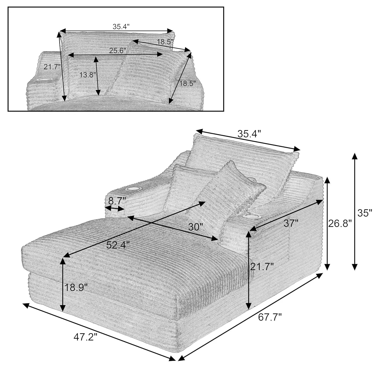 67" Oversize Chaise Lounge Deep Seat 2 Cup Holders Storage Pockets Living Room Bedroom Office Brown Customized