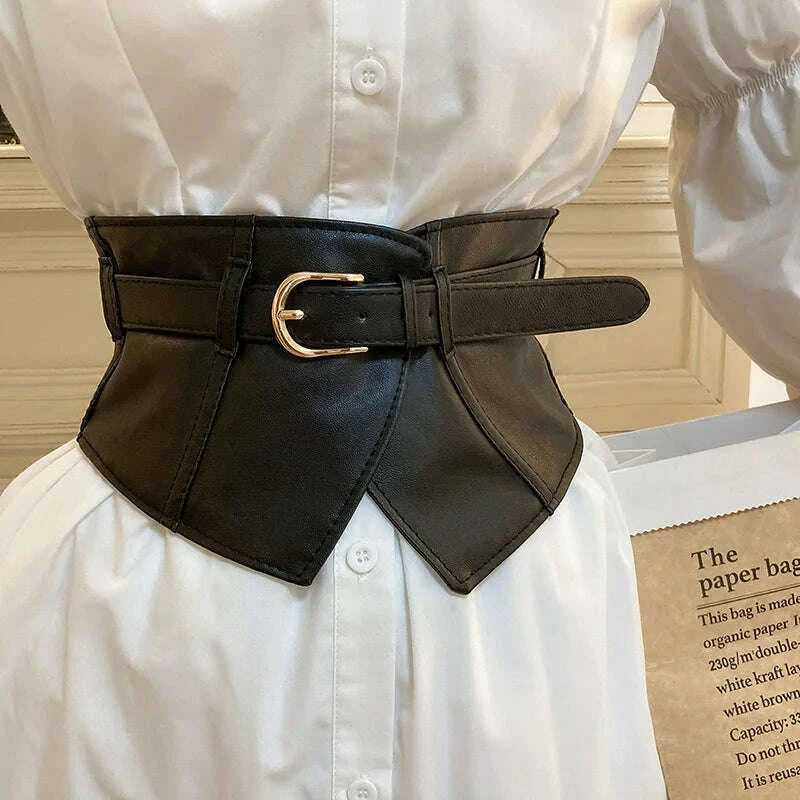 KIMLUD, Classic Pin Buckle Wide Belts Black Elastic PU Waistband Trendy Corset Waspie Belt Classic Dress Coat Girdle For Women Girls, KIMLUD Womens Clothes