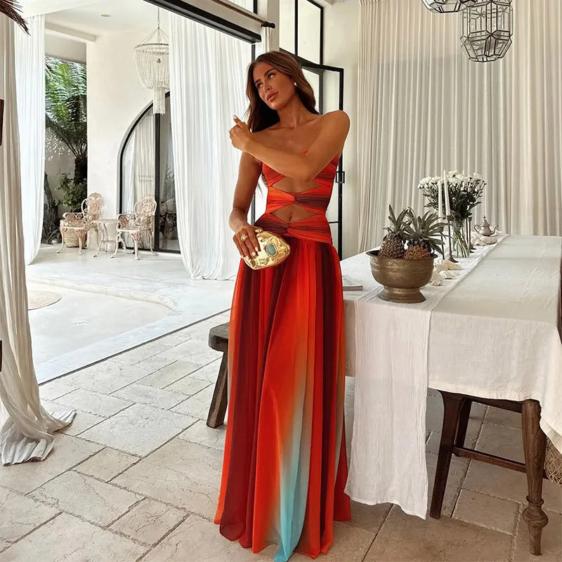 Tie-Dye Gradient Hollow Out Maxi Dress Off Shoulder A Line Silhouette — Multicolor | KIMLUD