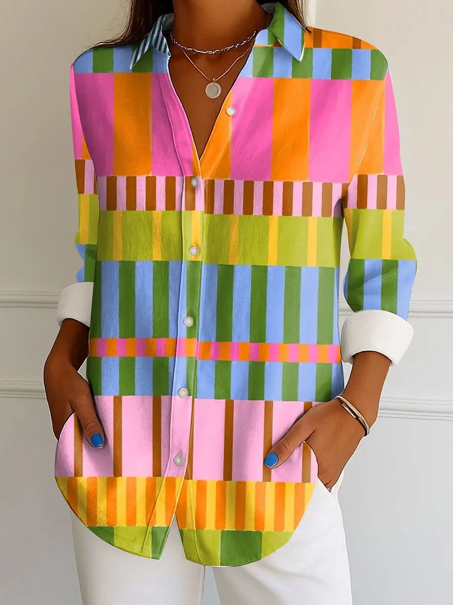 Shirt – Graphic Geometric Striped Tropical Print – Long Sleeve | KIMLUD