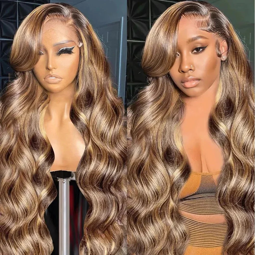 13x4 HD Highlight Ombre Body Wave Wigs Human Hair P4/27 Blonde Brown Wig13x6 Lace Frontal Wig Colored Human Hair For Women