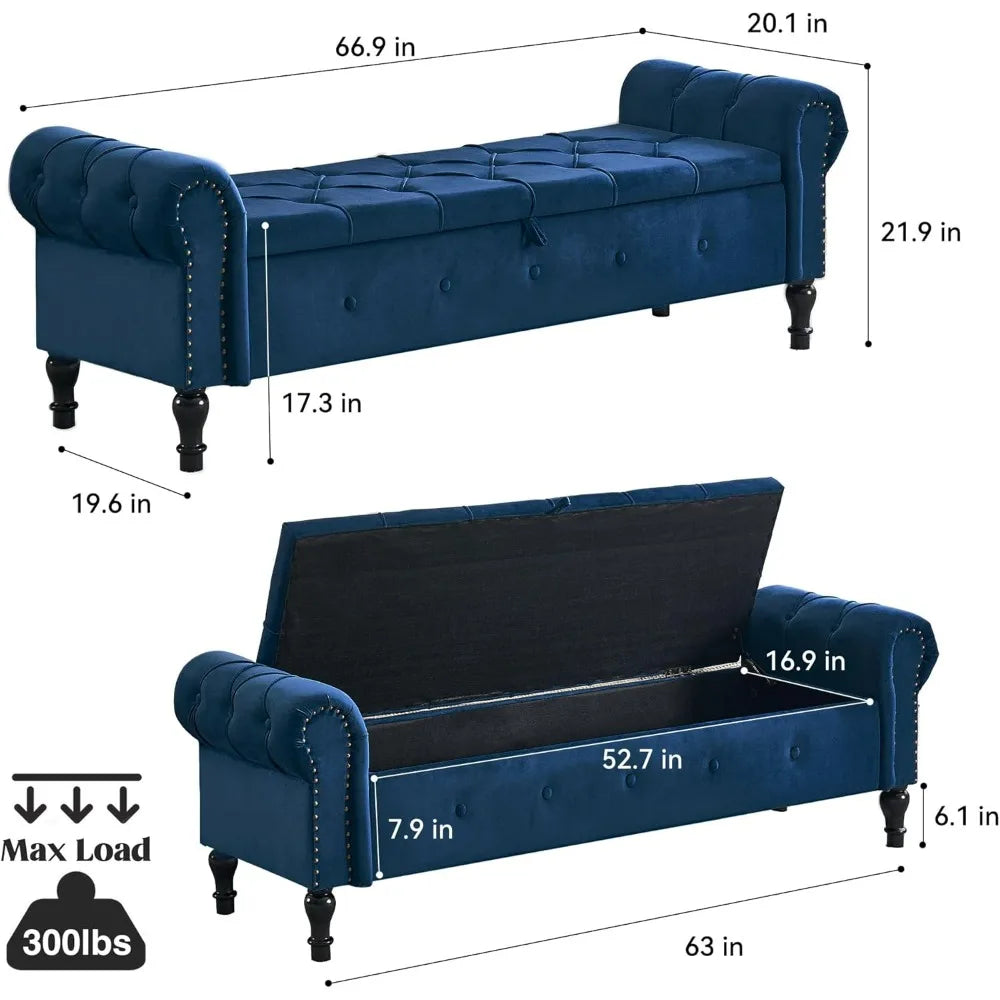 Velvet Storage Bench 67 Inch Upholstered Tufted Ottoman Bench with Arms Large Storage Space King Size End of Bed Bench