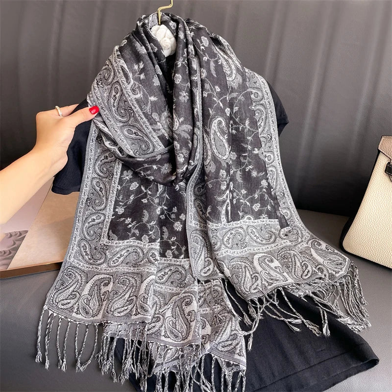 Cashmere Pashmina Shawl With Autumn Print Design, Olive Accents And Gold-Toned Fringe — Red | KIMLUD