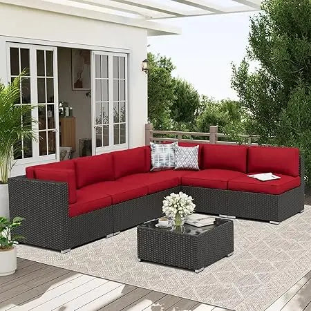Rattan Outdoor Sofa Set 7-Piece With Glass Top Table — Red | KIMLUD