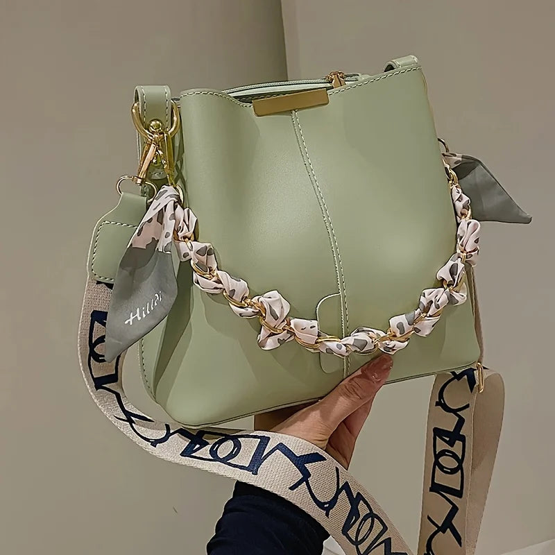 KIMLUD, New Fashion Women's Shoulder Bag Large Capacity Ribbon Chain Bucket Bag Crossbody Bag Daily Commuting, KIMLUD Womens Clothes